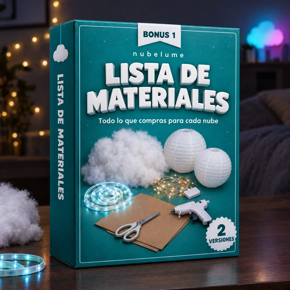 Caja del bono 1 de nubelume: lista de materiales con guata, faroles de papel, tira LED y pistola de silicona