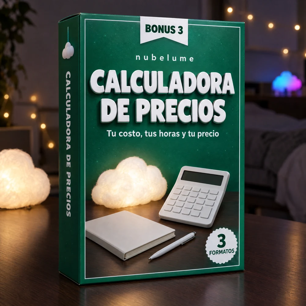 Caja del bono 3 de nubelume: calculadora de precios junto a una nube de luz