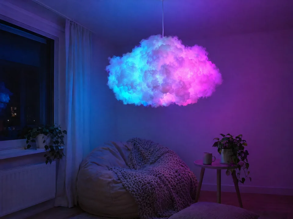 Nube colgante 3D de guata encendida en cian y magenta sobre un rincón de lectura