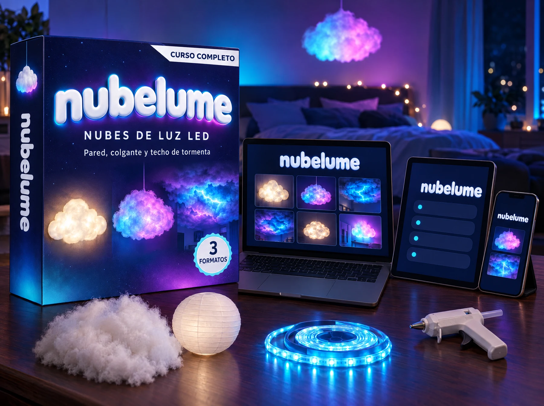 El curso nubelume: la caja del curso junto a la app abierta en laptop, tablet y teléfono, en un cuarto iluminado por nubes de luz