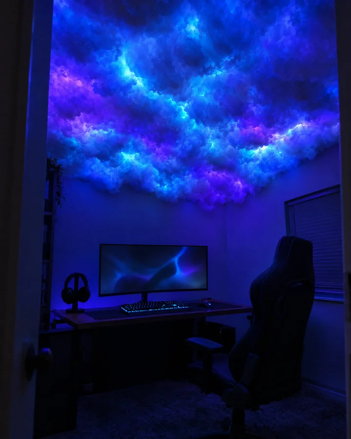 Techo cubierto de nubes de guata encendidas en azul y violeta sobre un escritorio gamer