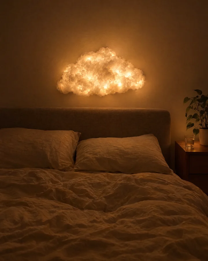 Nube de pared con luz cálida sobre el respaldo de una cama