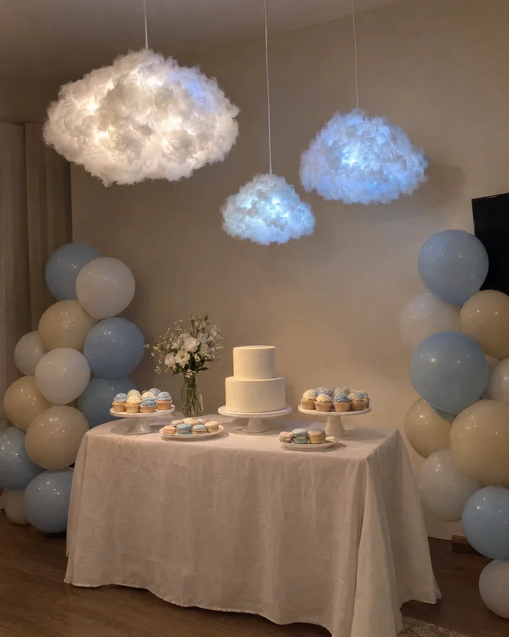 Tres nubes colgantes de guata sobre la mesa dulce de un baby shower
