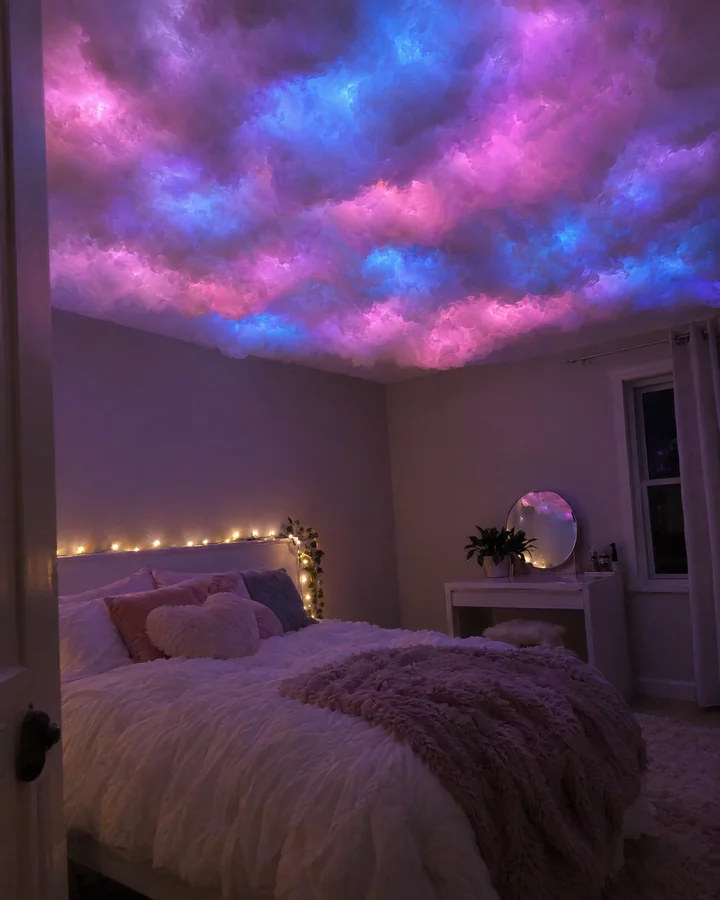 Techo de nubes rosa, lila y celeste sobre la cama de una habitación juvenil